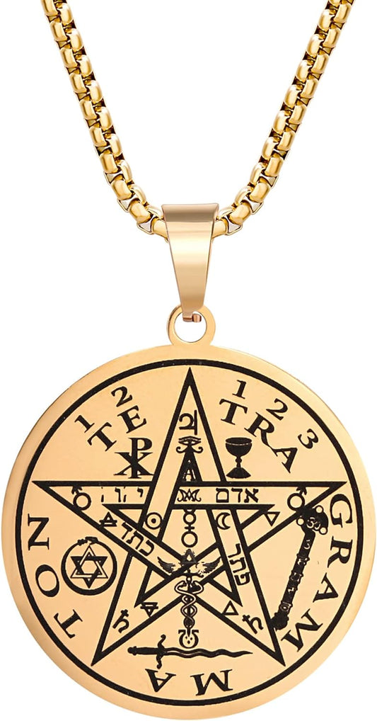Tetragrammaton Pentacle Necklace for Men Pentagram Protection Amulet Wicca Jewelry, Five-pointed Star, Magical,The Ancient Power Name of God Stainless Steel 24 inches-0