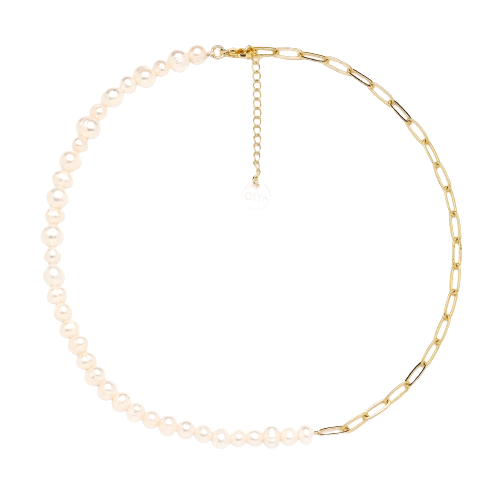 Elegant Gold-Plated Link and Freshwater Pearl Necklace | Gold-Plated Pearl Necklace | Elegant Jewelry