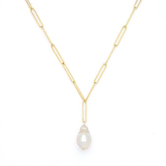 Freshwater Pearl Pendant on Gold-Plated Link Necklace | Elegant Freshwater Pearl & Gold-Plated Necklace